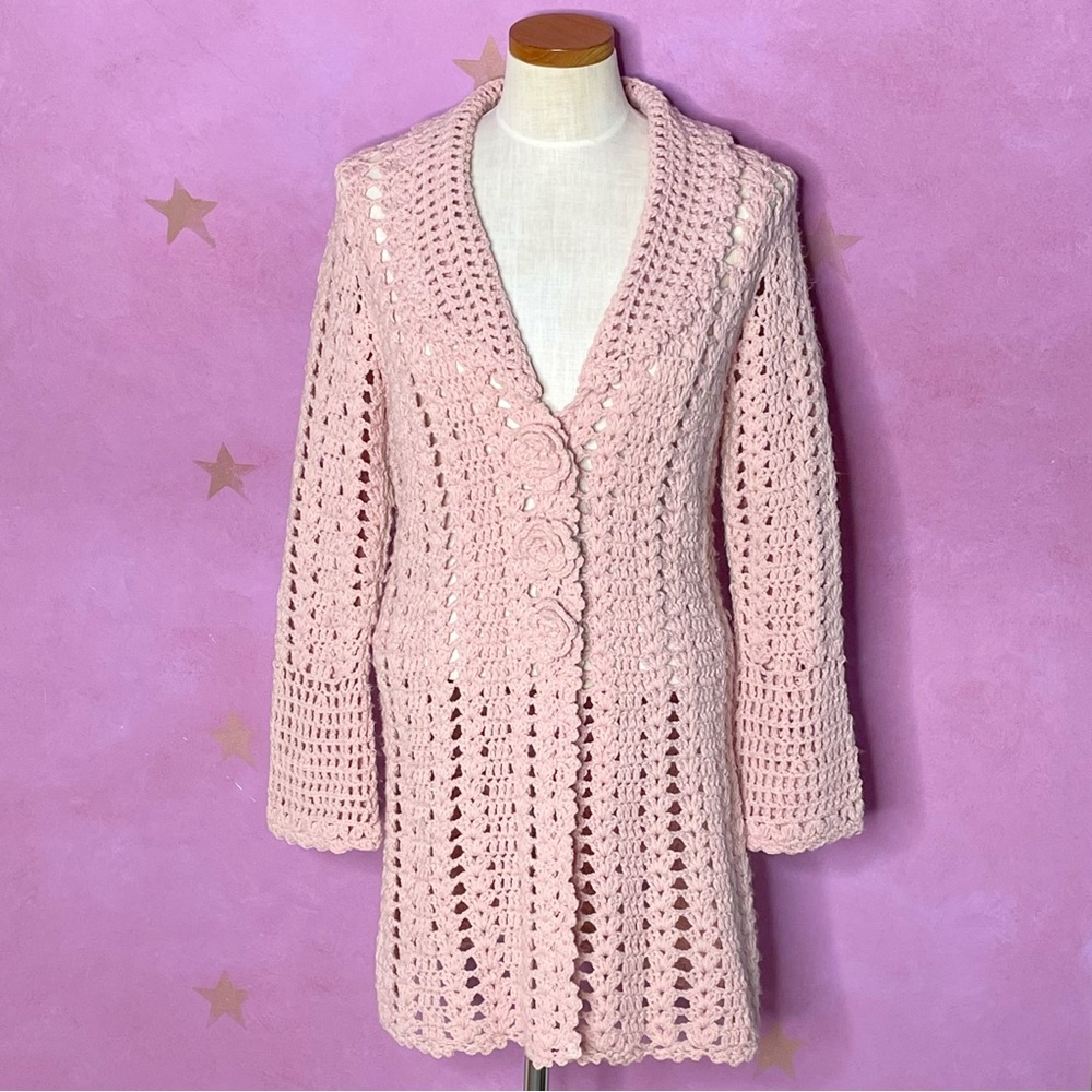 Twiggy London Vintage Dusty Rose Pink Crocheted Sweater With Flowers Rare XL